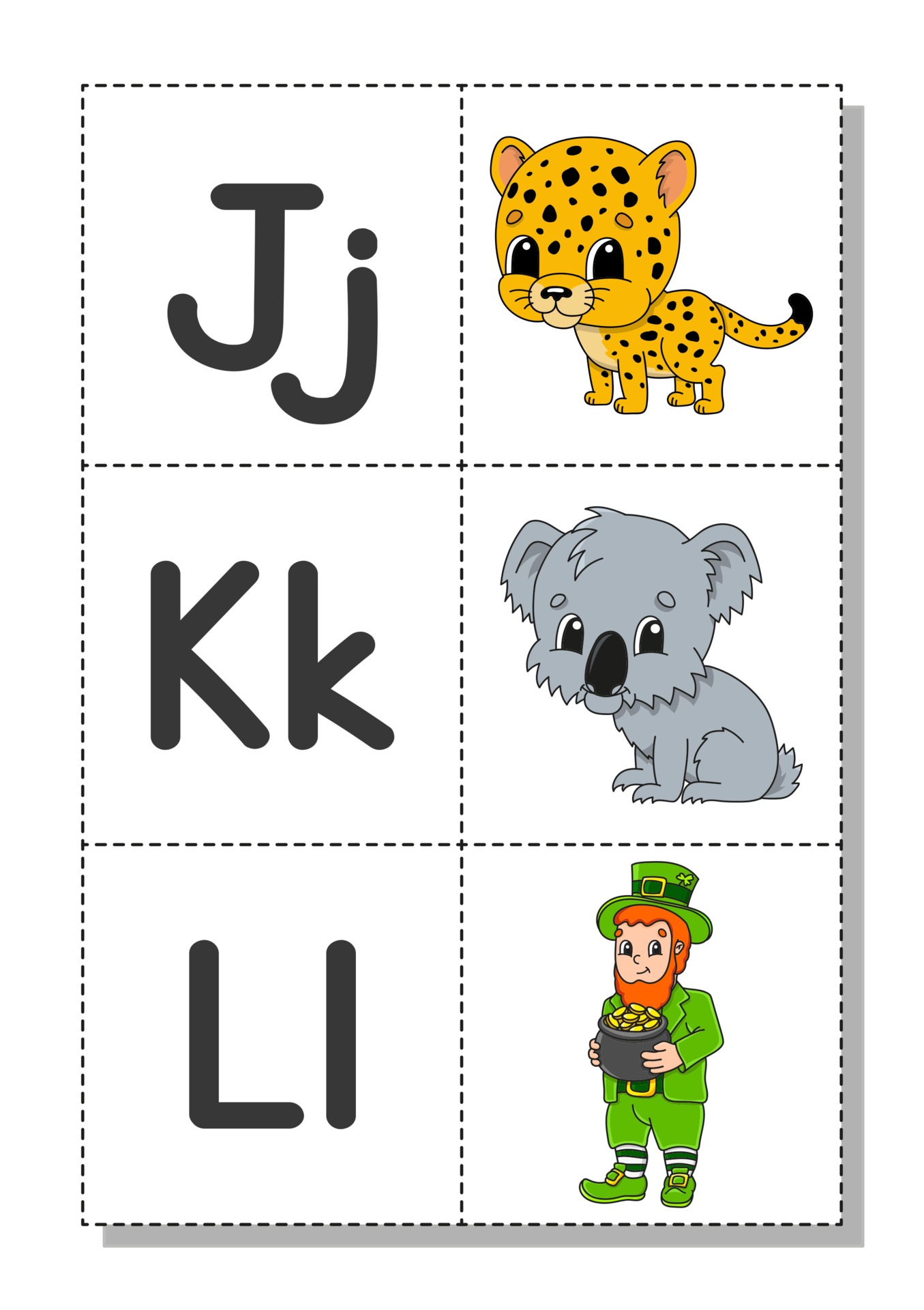 English alphabet with cartoon characters j, k, l. Flash cards. Vector