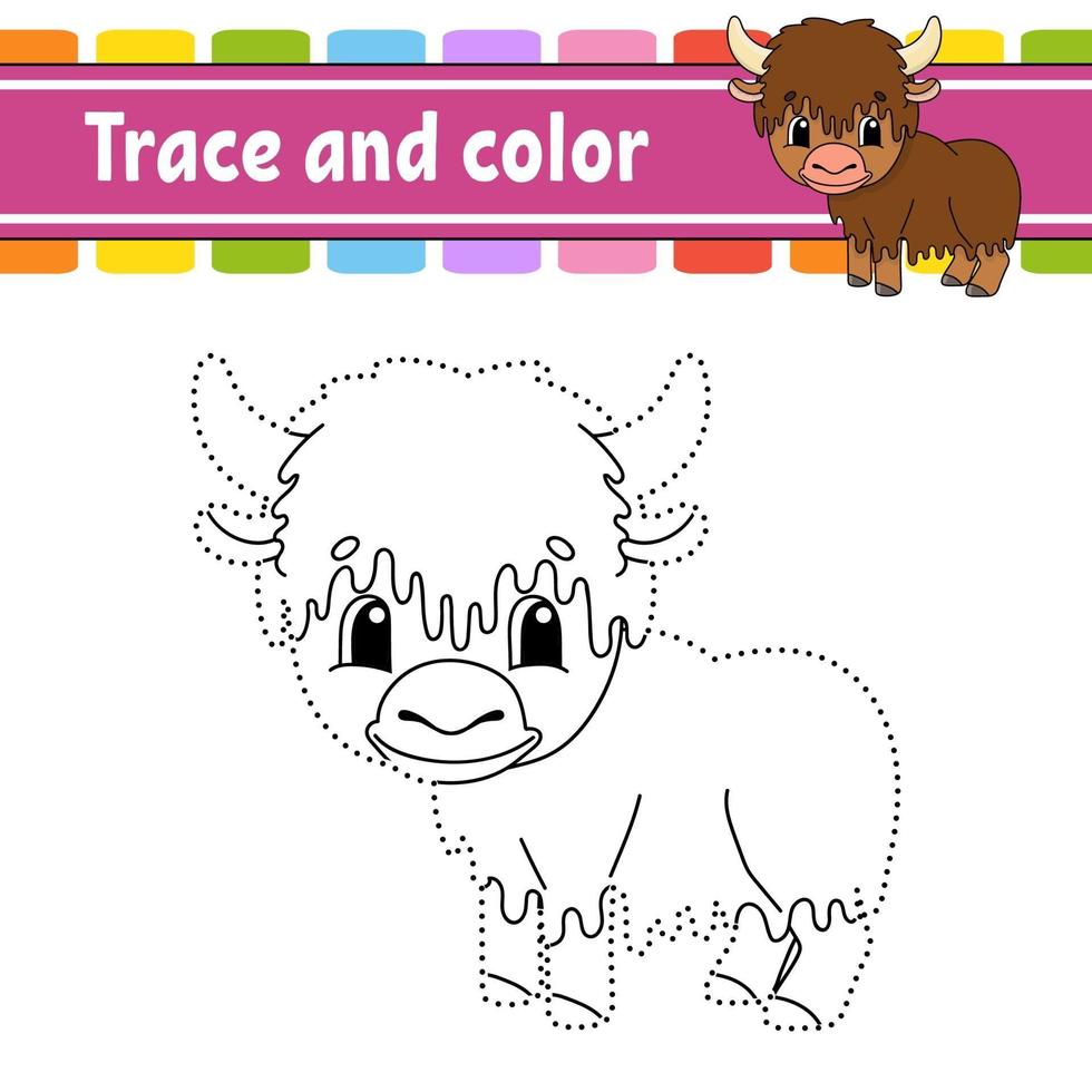 Dot to dot game yak. Draw a line. For kids. Activity worksheet. Coloring book. With answer. Cartoon character. Vector illustration.