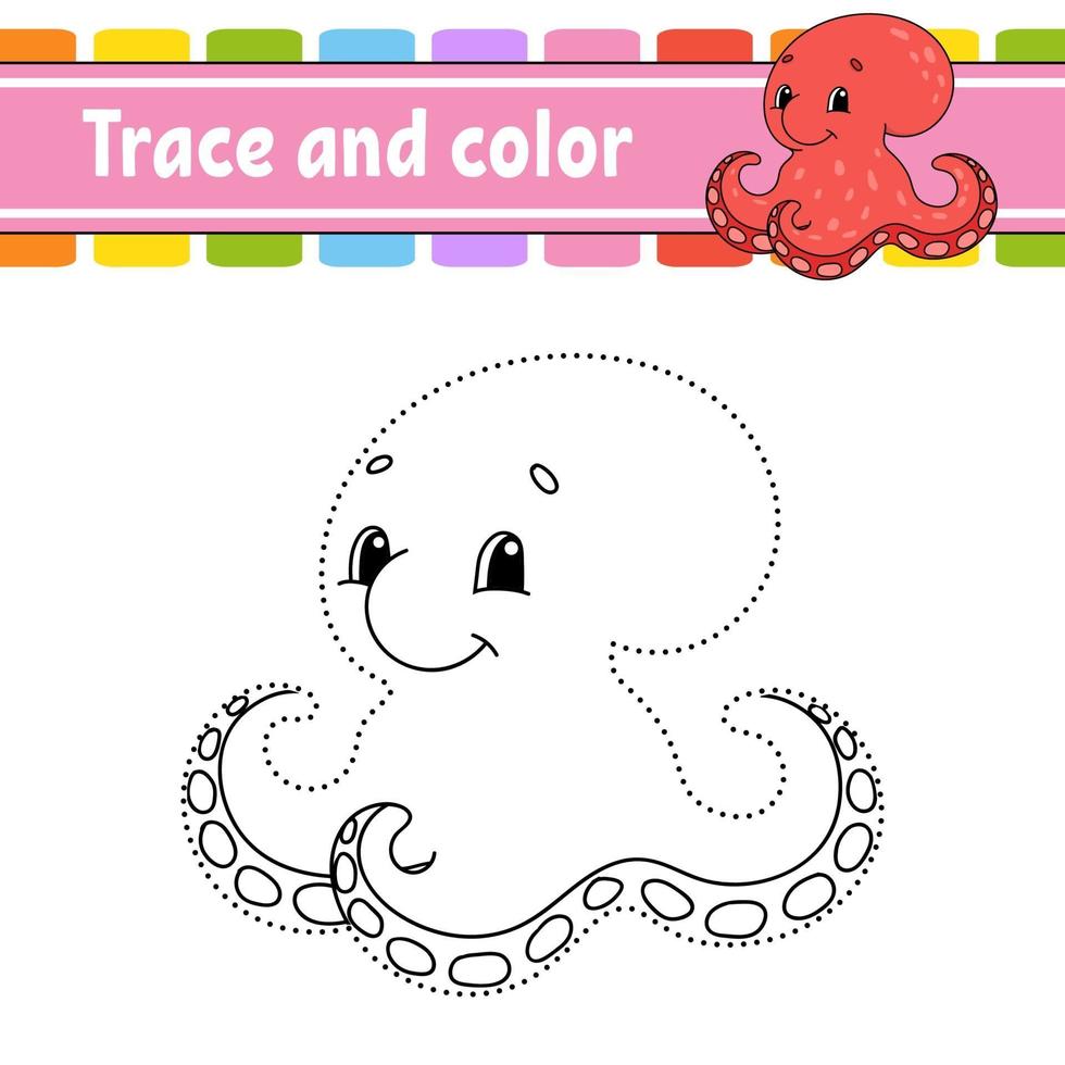 Dot to dot game octopus. Draw a line. For kids. Activity worksheet. Coloring book. With answer. Cartoon character. Vector illustration.