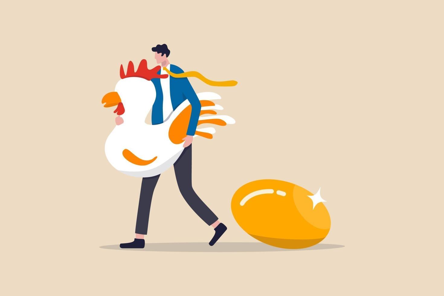 Golden egg, precious high return investment or success retirement planning with dividend concept, happy businessman investor or office salary guy holding big white hen with precious golden egg. vector