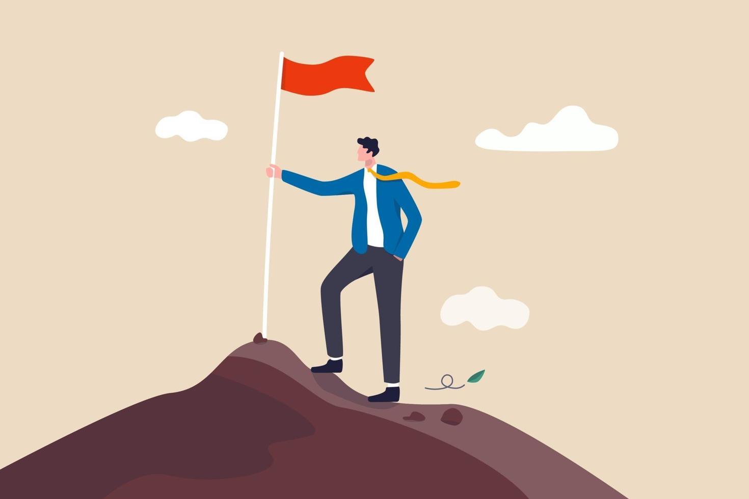 Business goal achievement, success career development or motivation and work or project accomplishment concept, confidence businessman standing proudly with victory flag on high mountain peak up hill. vector