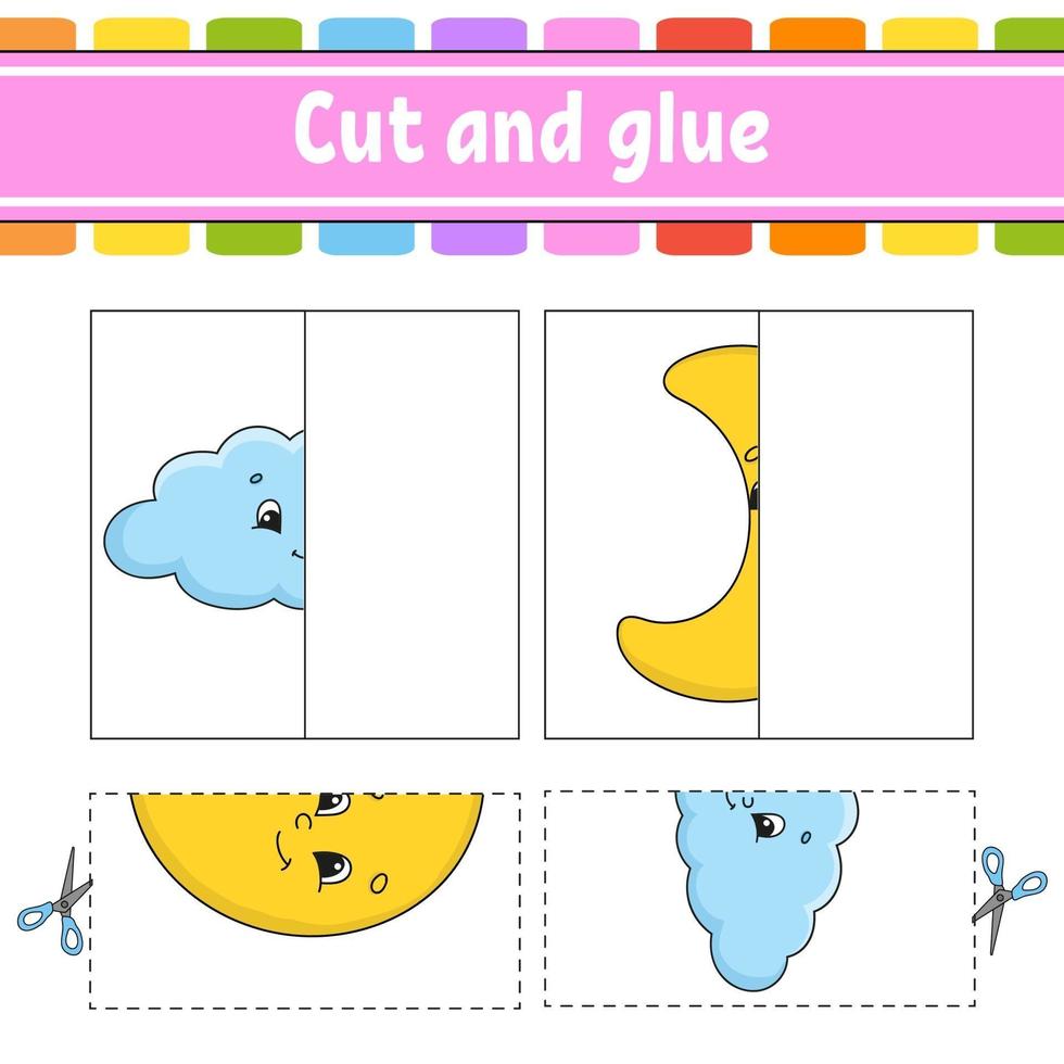 Cut and play. Paper game with glue. Flash cards. Education worksheet. Activity page. Funny character. Isolated vector illustration. Cartoon style.