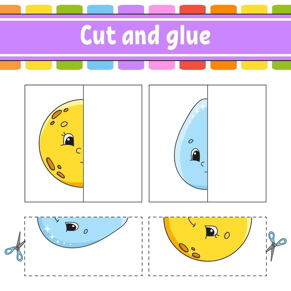 Cut and play. Paper game with glue. Flash cards. Education worksheet. Activity page. Funny character. Isolated vector illustration. Cartoon style.