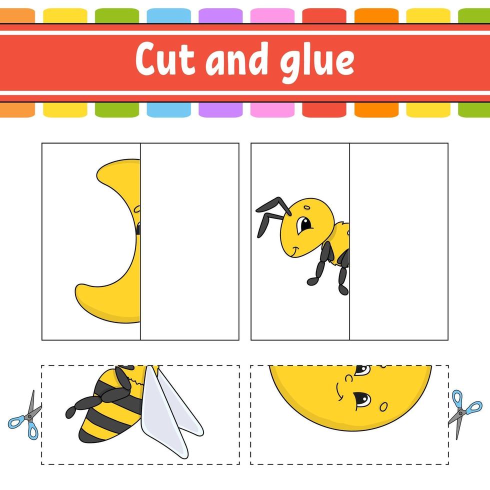 Cut and play. Paper game with glue. Flash cards. Education worksheet. Activity page. Funny character. Isolated vector illustration. Cartoon style.