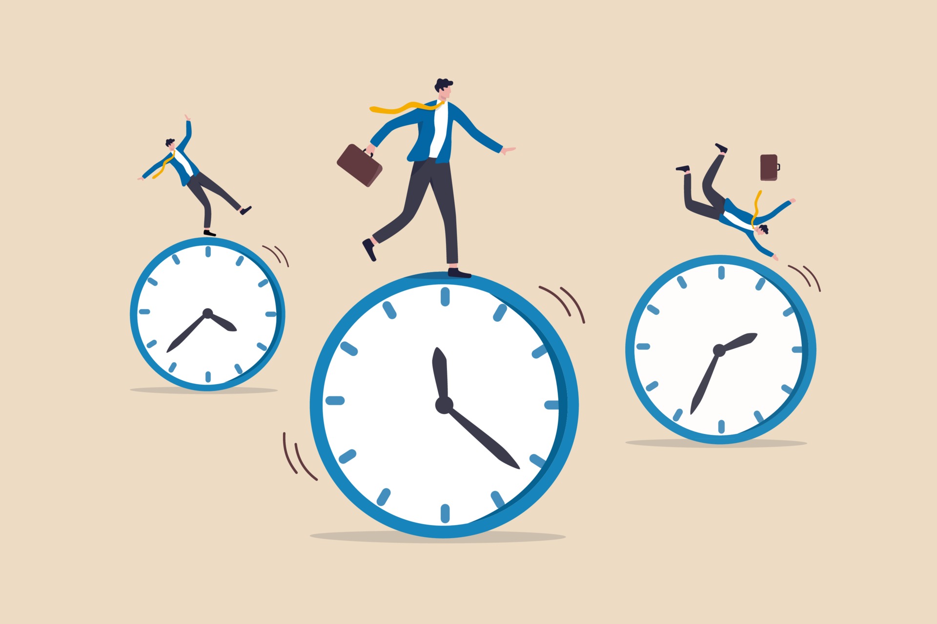 Time Management Work Schedule And Deadline Or Productivity And Efficiency Work Concept Businessmen Riding Rolling Clock Face With Confidence Skillful Man In The Middle Success Manage To Reach Target 2167360 Vector Art