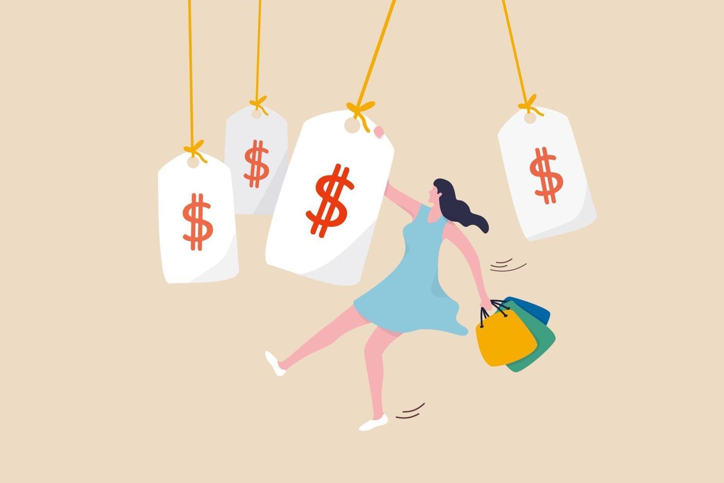 Shopping promotion, consumerism, happiness of buying stuffs, clothes or fashion for lady concept, happy young cute lady wearing beautiful stylist dresses holding shopping bags hung on sale price tag. vector