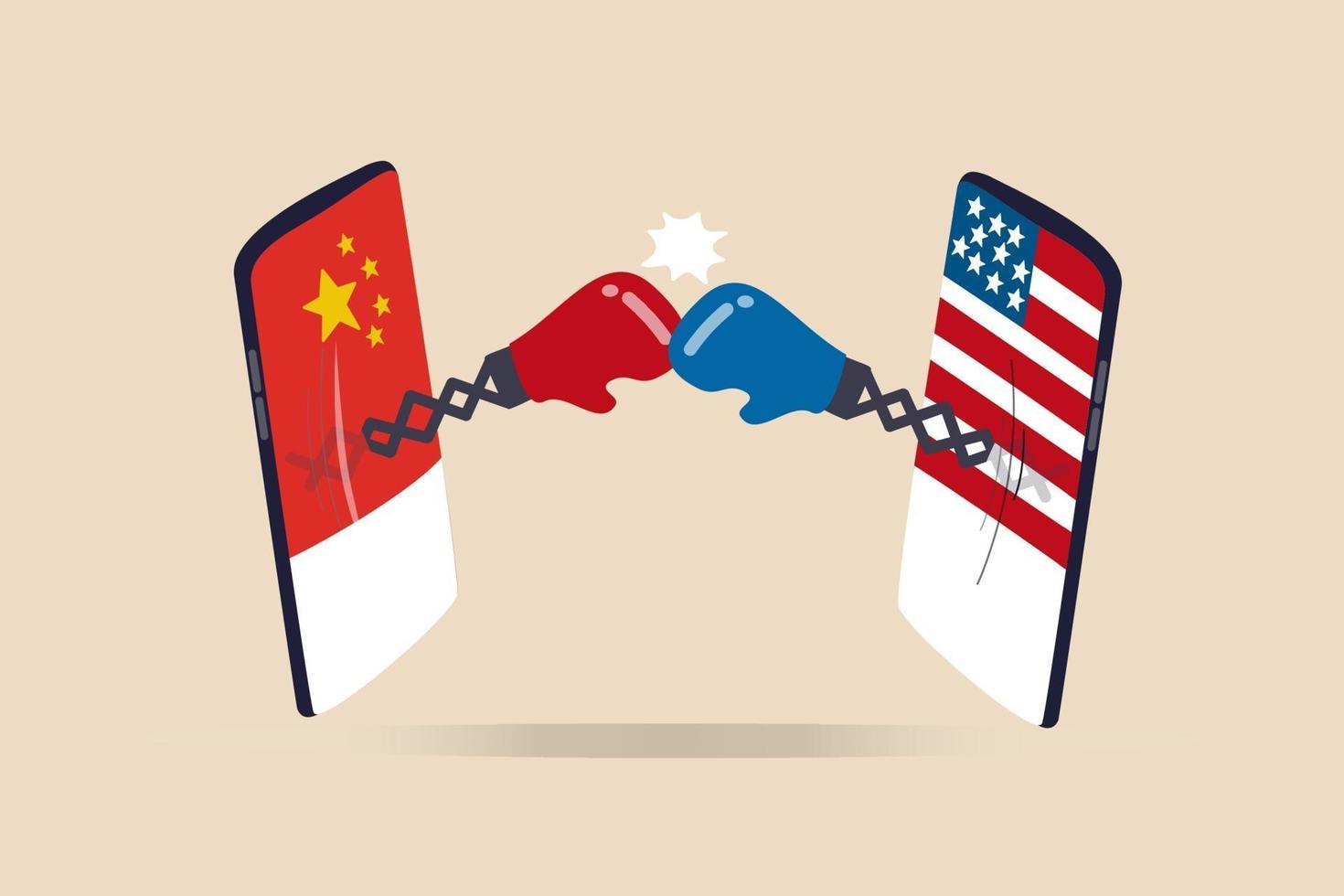 United States and China technology war, 2 countries compete to be leader of tech company, cold war sanctions and tariff concept, digital mobile phone with US and China flag fighting with boxing gloves vector