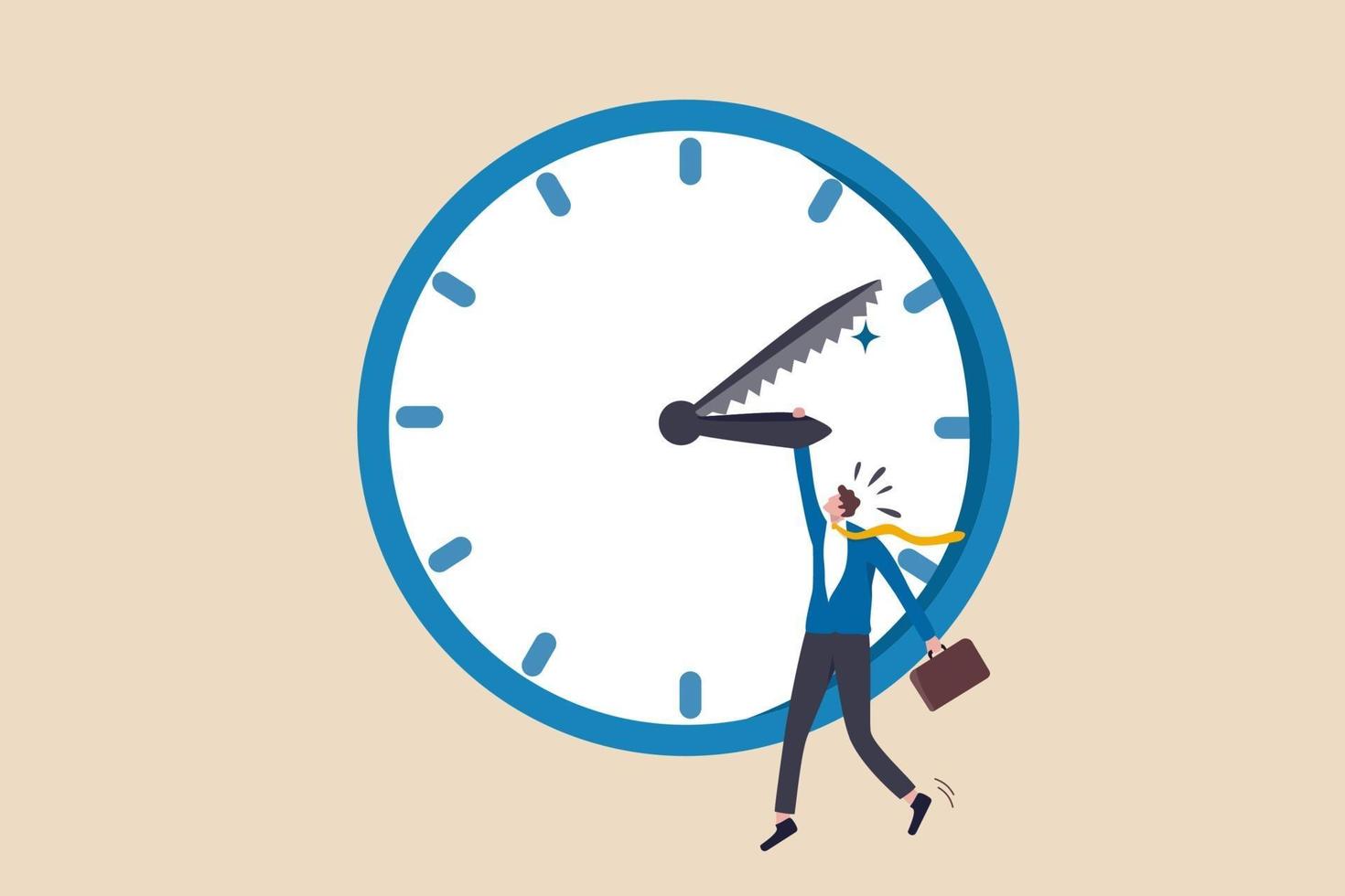 Project deadline, time countdown for agreement timeline to finish work concept, frustrated stress businessman holding clock hour hands while minute hand having saw passing to appointment time. vector