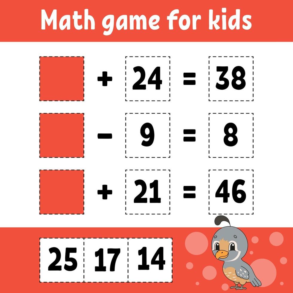 Math game for kids. Education developing worksheet. Activity page with pictures. Game for children. Color isolated vector illustration. Funny character. Cartoon style.