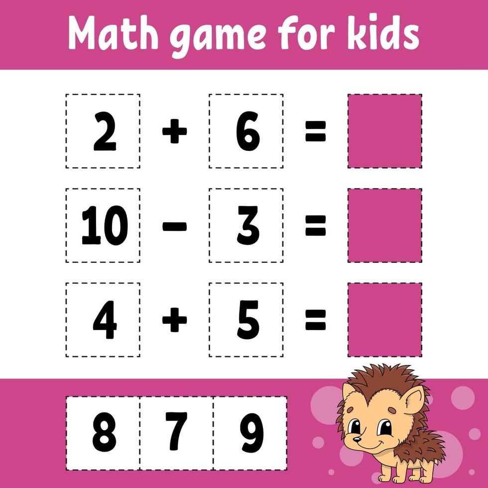 Math game for kids. Education developing worksheet. Activity page with pictures. Game for children. Color isolated vector illustration. Funny character. Cartoon style.