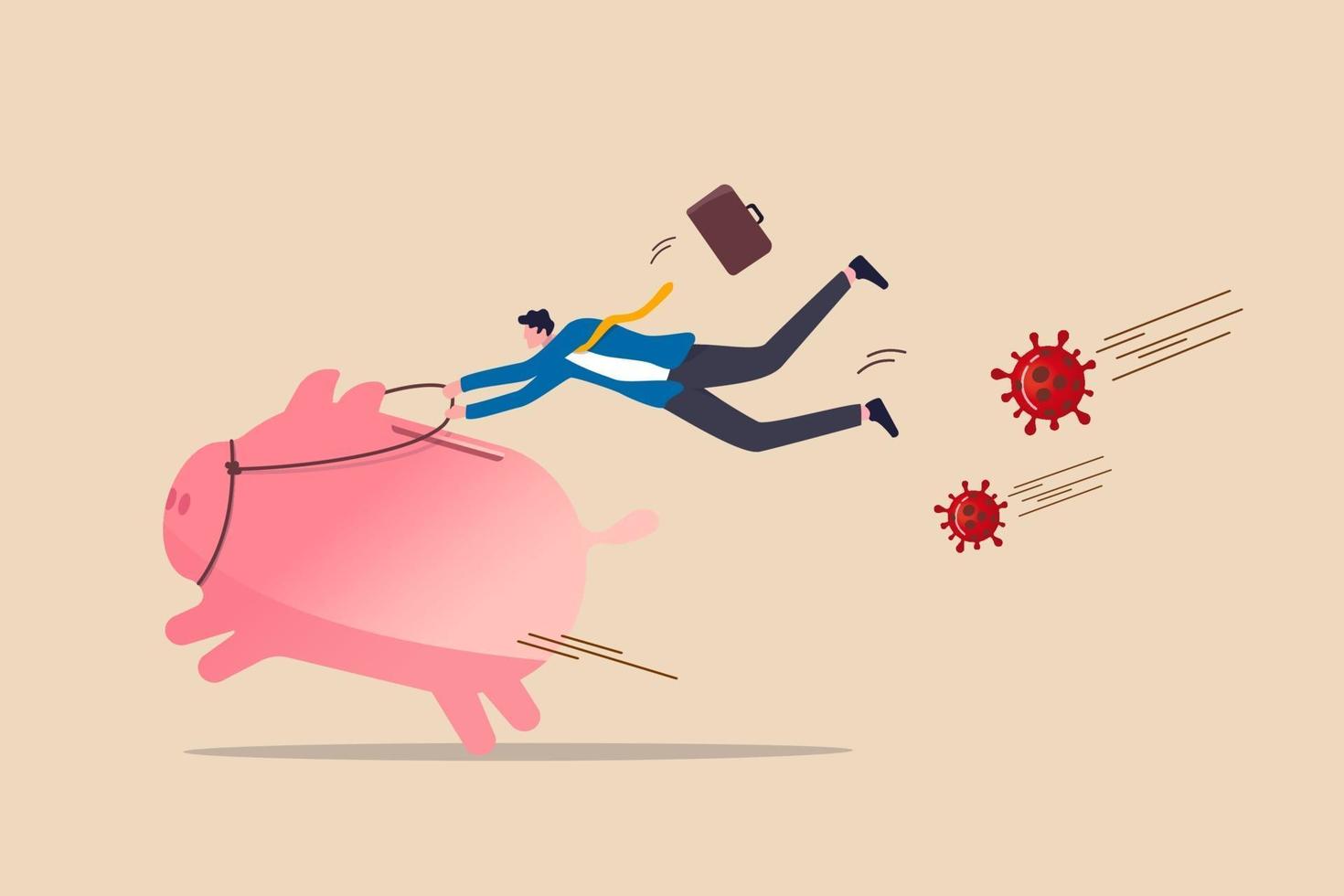 Banking, financial activities and risk management in COVID-19 Coronavirus pandemic crisis concept, success businessman riding fast running pink piggy bank to sprint from Coronavirus COVID-19 pathogen. vector