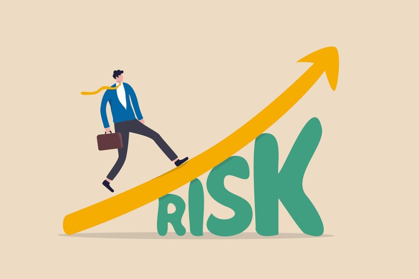 inversión en el mercado de valores de alto riesgo y alto rendimiento, compensación de activos de inversión riesgosos que recompensan el concepto de rendimiento de crecimiento, inversor inteligente y seguro que camina sobre el gráfico del mercado de valores de crecimiento por encima de la palabra riesgo. vector