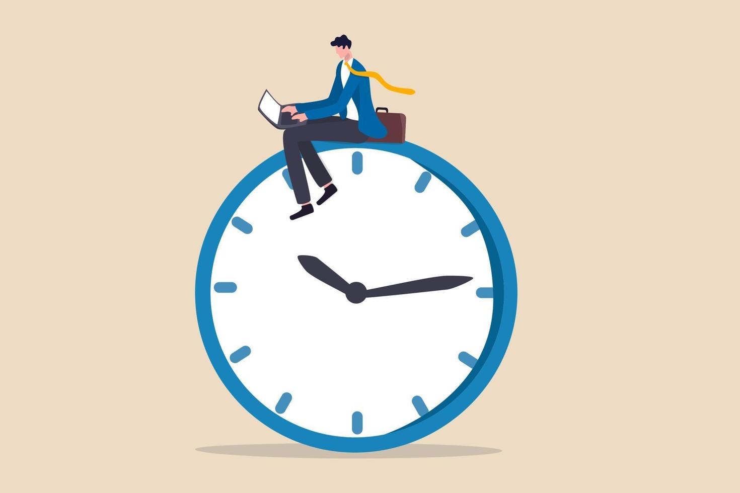 After hours worker, working late overtime or career that work in different time concept, confident businessman using computer laptop sitting on clock working at night with colleague in other country. vector