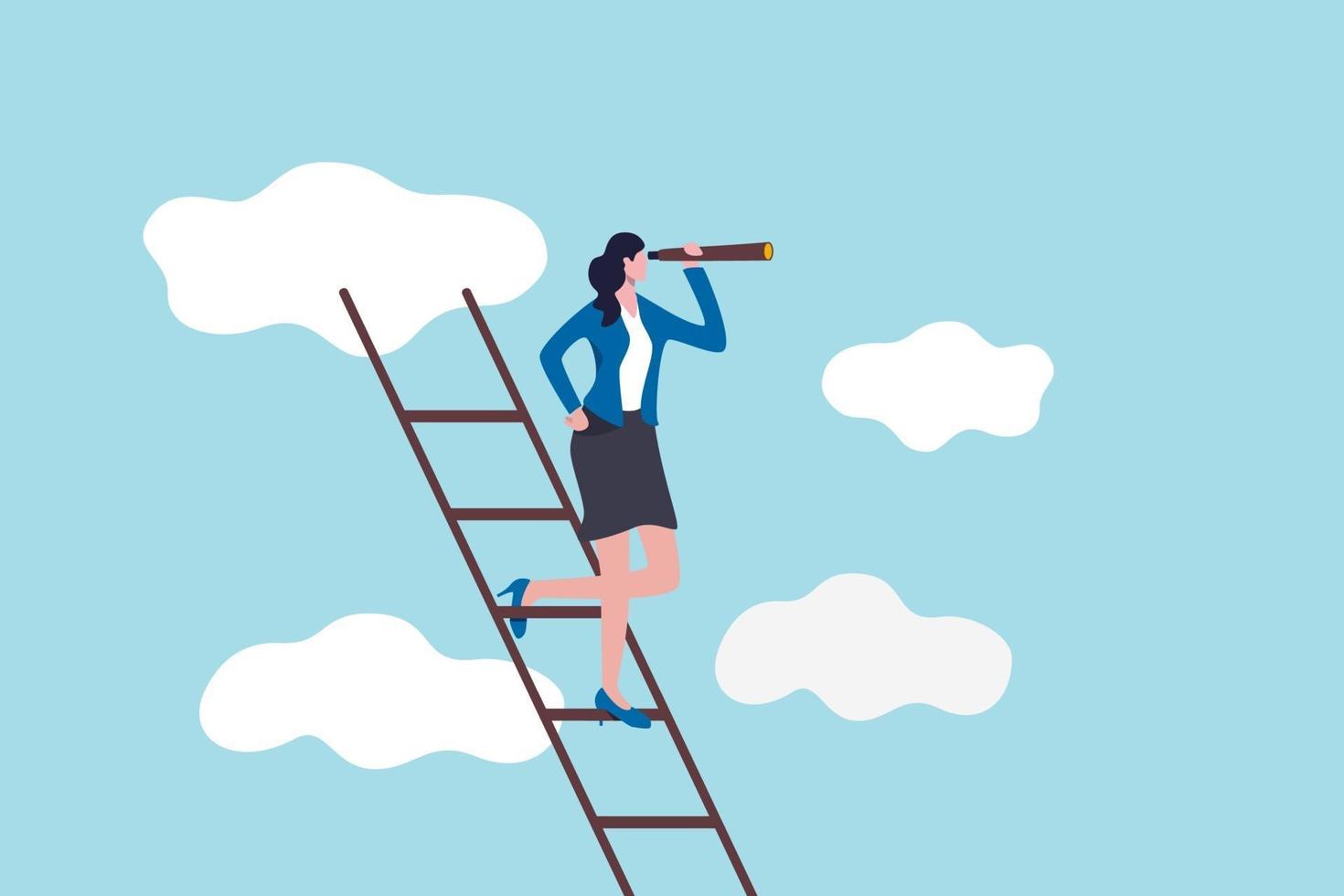 Woman leadership, new diversity world directed by lady leader concept, confidence executive businesswoman company or country leader standing on ladder of success using telescope for future vision. vector
