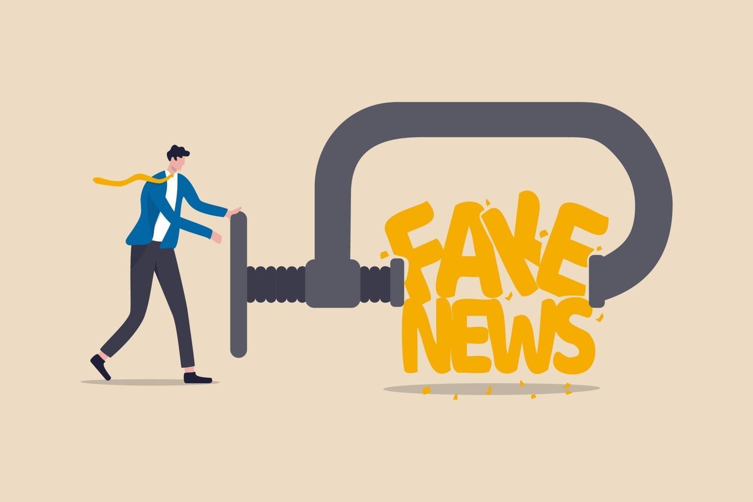Stop fake news and misinformation spreading on internet and media concept, businessman leader squeezing and destroy the word fake news. vector