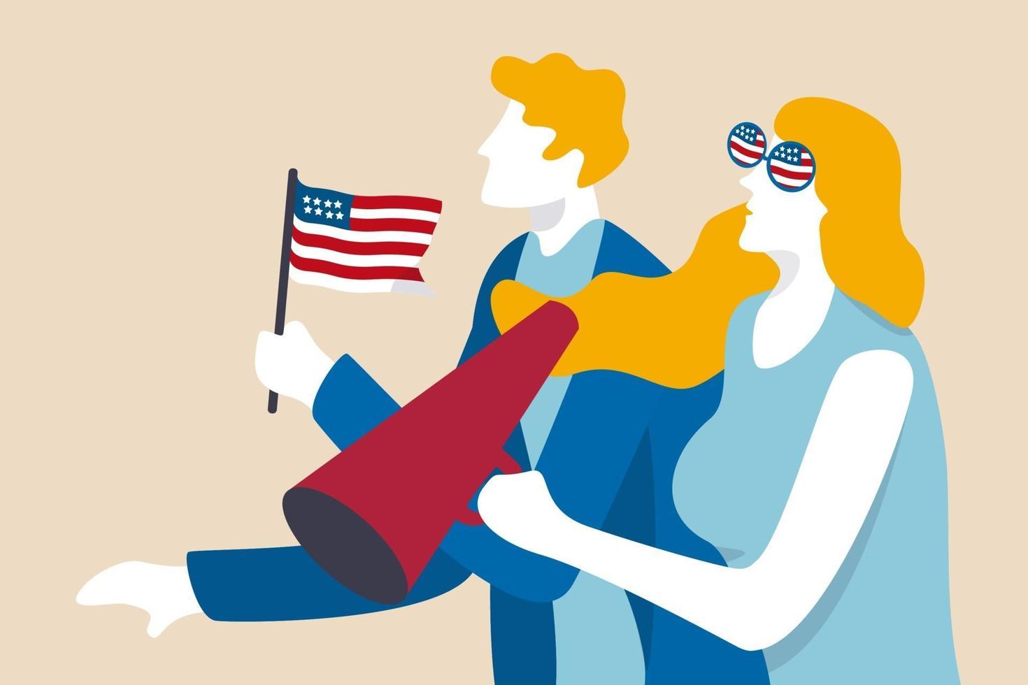 US Presidential election, United States leader vote or people voters waiting for presidential result concept, excite young people US voters hold megaphone and US national flag waiting for vote result. vector