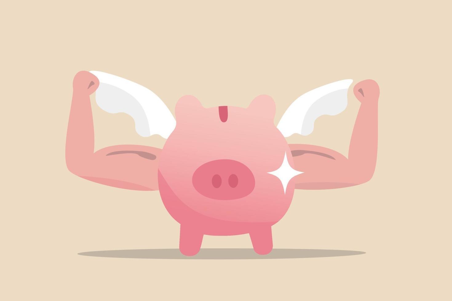 Strong financial health, success personal finance strategy or money power and growth investment concept, Strong pink piggy bank with muscle arms and flying wings ready to fight for business profit. vector