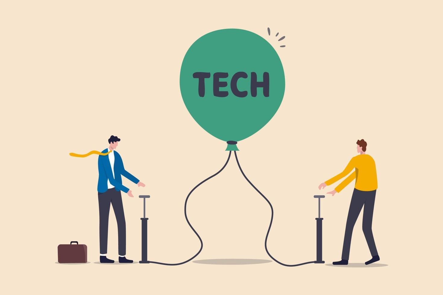 Technology or Tech stock bubble, overvalued stock causing by economic crisis and greedy investors concept, businessmen investor take risk by pumping air into ready to burst balloon with the word TECH. vector