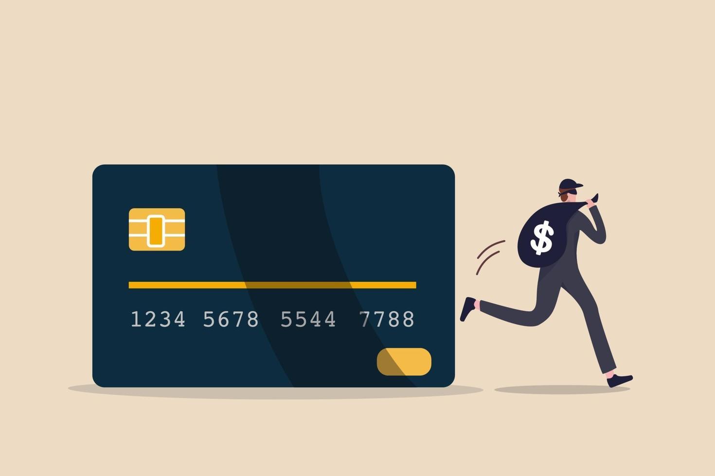 Credit card online hacking, online hacking or financial robbery concept, young mysterious thief with dark black robbery running with big bag with dollar sign money sign from credit card online payment vector