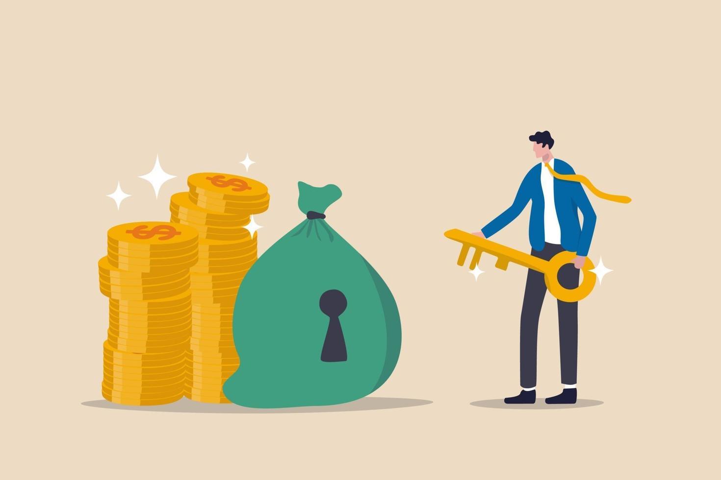 Financial key success, safe haven for investment or wealth manager to manage money concept, success businessman finance advisor holding golden key for money bag with keyhole and gold money coins stack vector