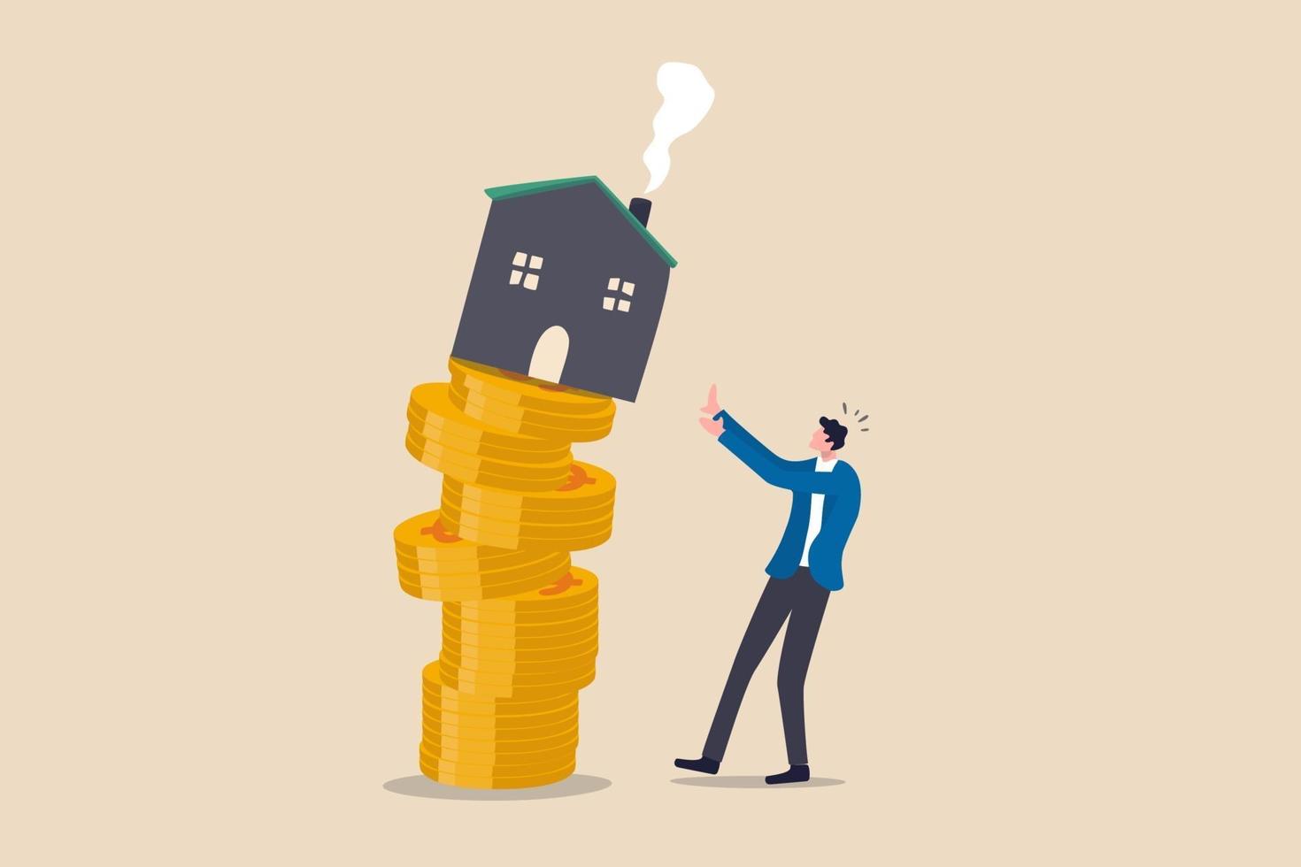 Property and housing market collapse, real estate stock risk or economic recession concept, businessman house owner or real estate agent help protect the house to fall off unstable stack of coins. vector