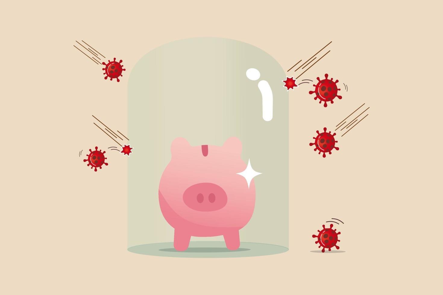 Financial or investment immune to COVID-19 Coronavirus crisis or savings and insurance in pandemic concept, healthy pink piggy bank happy standing in cover glass protect and immune from Coronavirus. vector