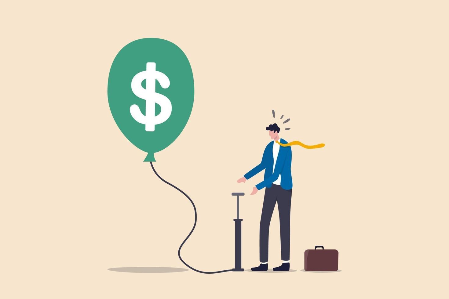 Investment bubble causing financial crisis, overvalued stock market or money inflation concept, businessman investor pumping air into big floating balloon with US Dollar money sign ready to burst. vector