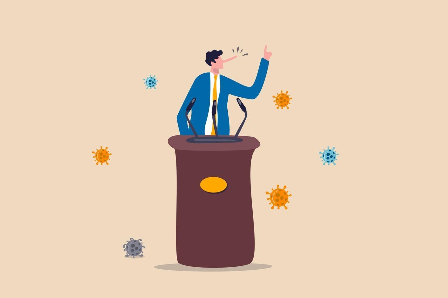 An elections amid Coronavirus pandemic or politician lies about truth of COVID-19 to win the election concept, businessman leader or politician with long nose lier talk about COVID-19 fake news. vector