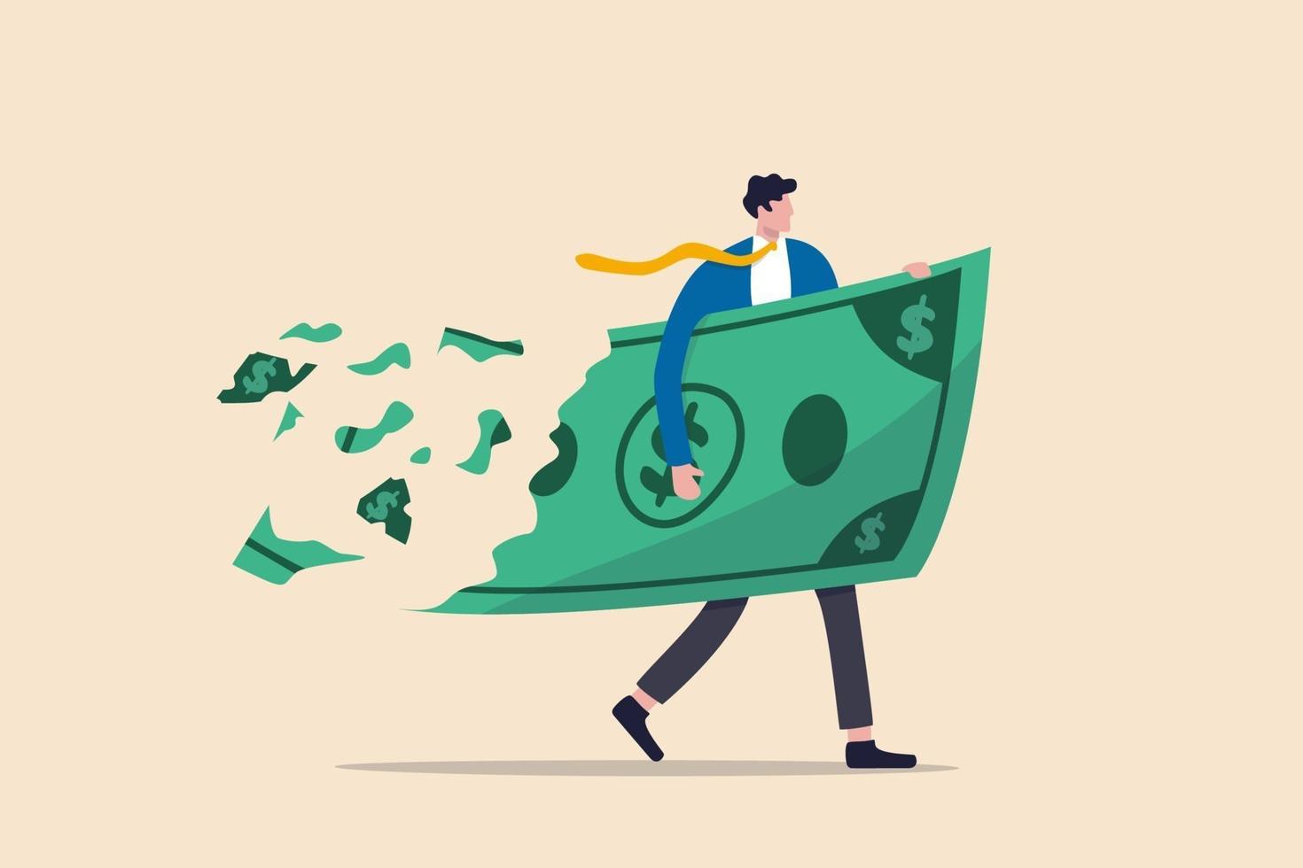 Lose money investment in financial crisis, profit and loss in business or deflation and inflation concept, businessman holding big dollar banknote money while loss, crumble and reduce in value. vector