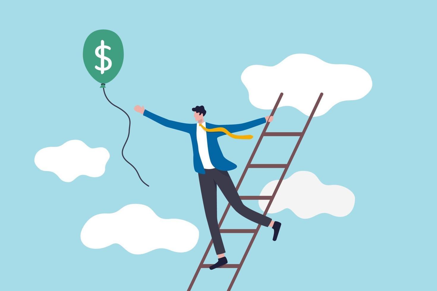 Ladder of success, achieving financial goals or investor searching for profit and investment return concept, success businessman climb up the ladder up to cloud to catching balloon with dollar money. vector