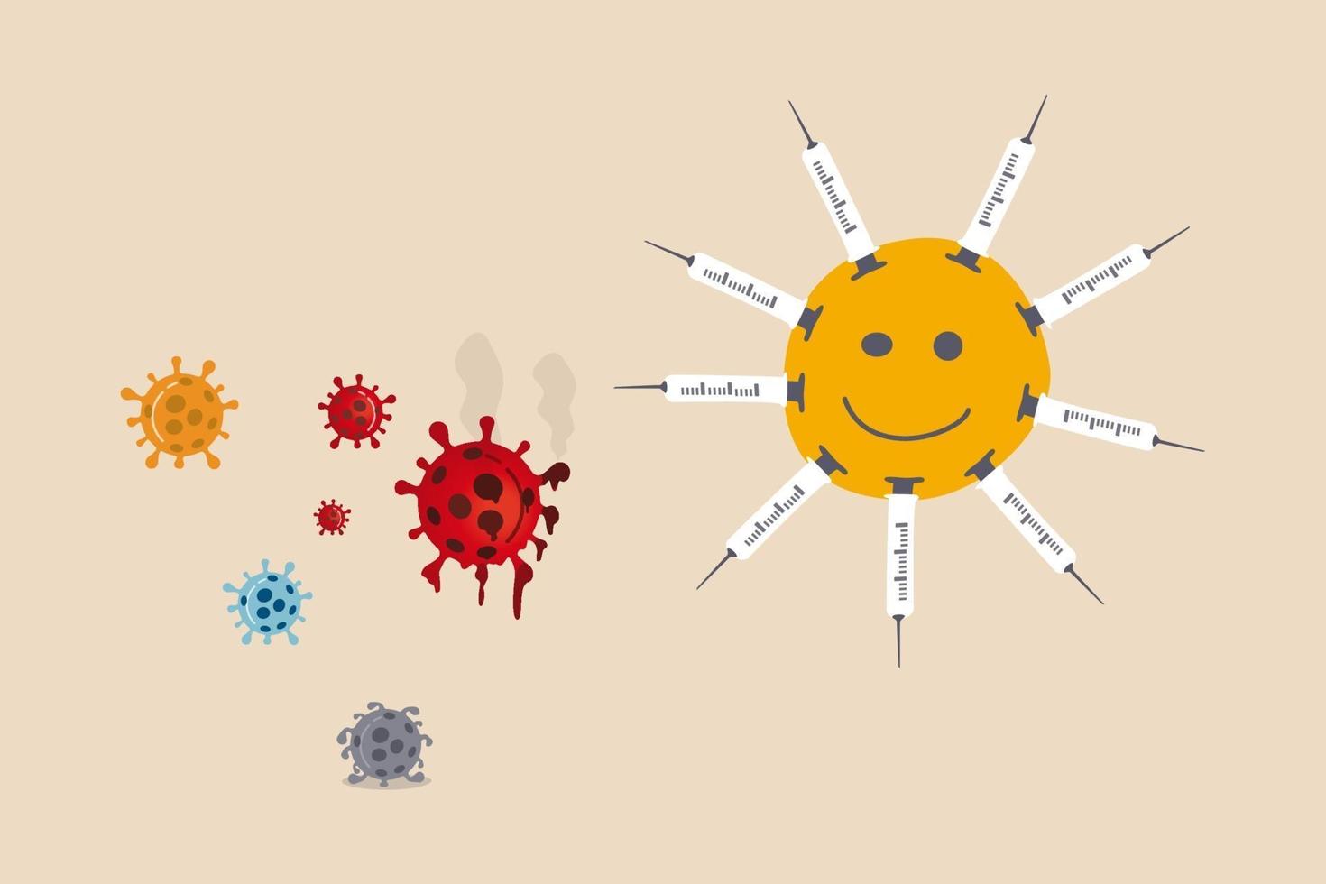 Coronavirus vaccine to cure COVID-19 illness concept, smile face with successfully discovered COVID-19 vaccine injection syringe with power to kill all Coronavirus pathogens. vector