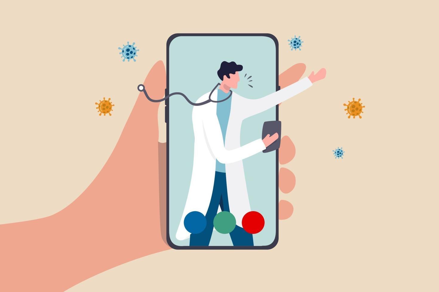 El médico de tecnología de atención médica de telesalud puede diagnosticar y ayudar al paciente a través del teléfono móvil o el concepto de teleconferencia, la mano del paciente lleva la aplicación móvil con el médico, el médico diagnostica el síntoma del virus. vector