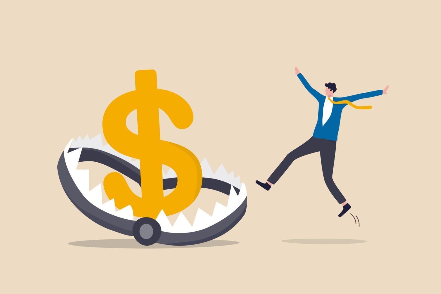 Financial money trap, risk in investment, ponzi scheme or business pitfall concept, businessman investor running and jumping into lore money pitfall or mouse trap with big money dollar sign bait. vector