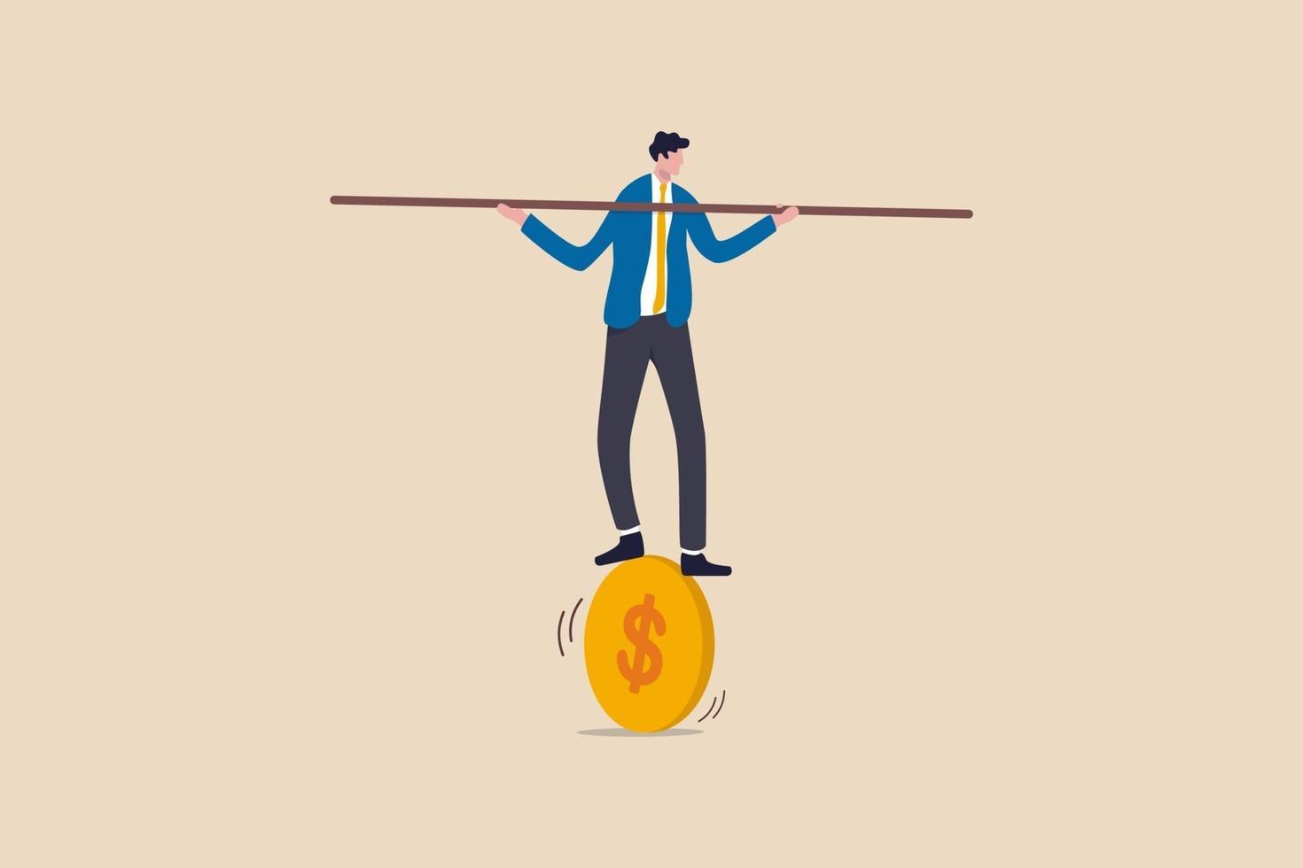 Financial and business risk, banking loan and debt risk, stability or balance of economics and investment or risk for losing job concept, businessman balancing not to fail from walking on golden coin. vector