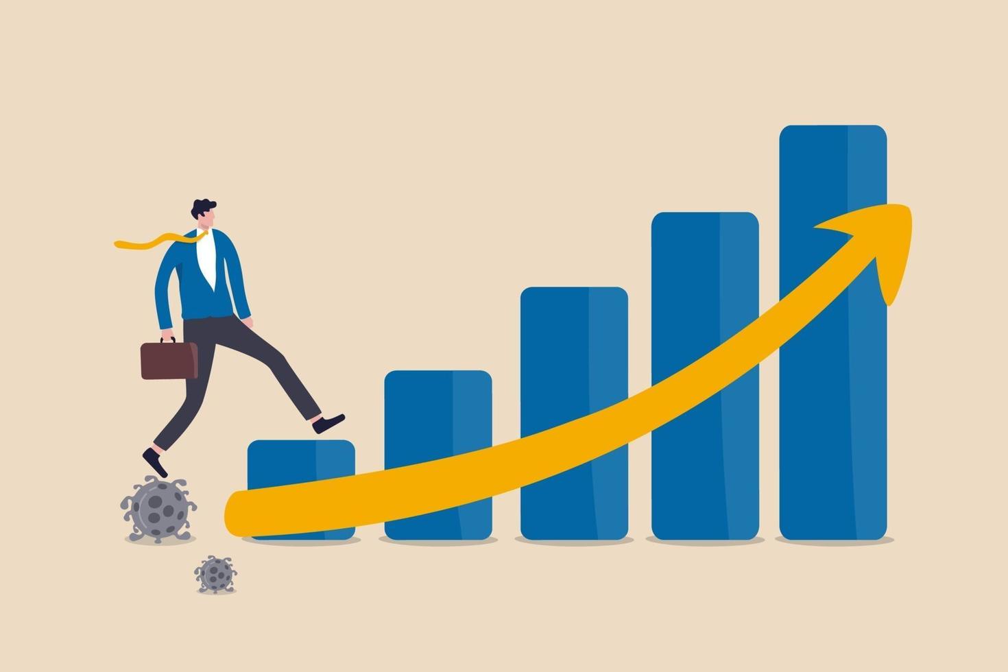 Economic recovery after Coronavirus COVID-19 crisis, post pandemic concept, working businessman investor or company leader walking on Coronavirus pathogen to growing up economic bar graph arrow up. vector