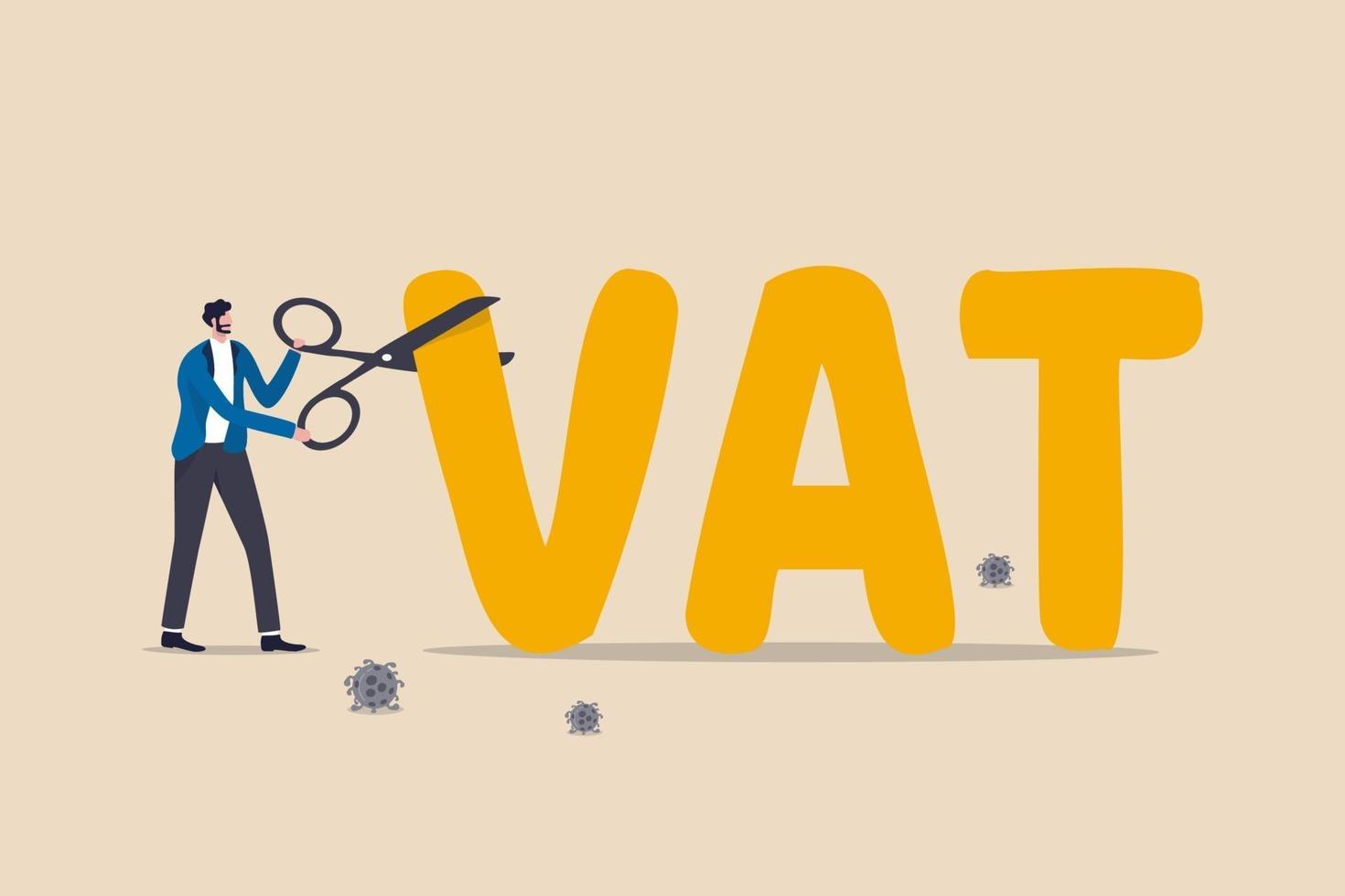 Government money policy to cut VAT or reduce tax rate to help economic recovery after COVID-19 Coronavirus pandemic, government, FED and central bank using scissors to cut or lower VAT rate. vector