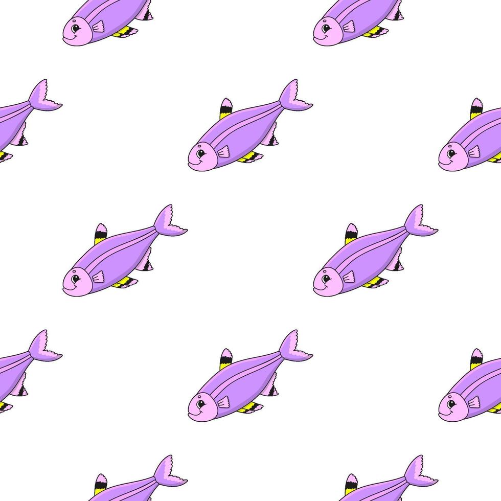 Color seamless pattern fish. Cartoon style. Bright design. For walpaper, poster, banner. Hand drawn. Vector illustration isolated on white background.