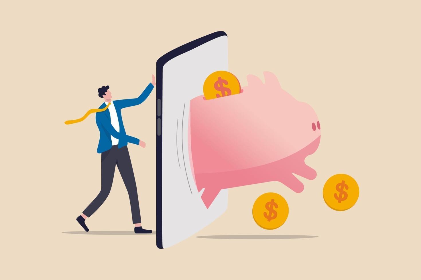 Fintech financial technology, banking mobile app for spending investment and saving concept, businessman investor standing with mobile application with wealthy pink piggy bank with money coins jumping vector