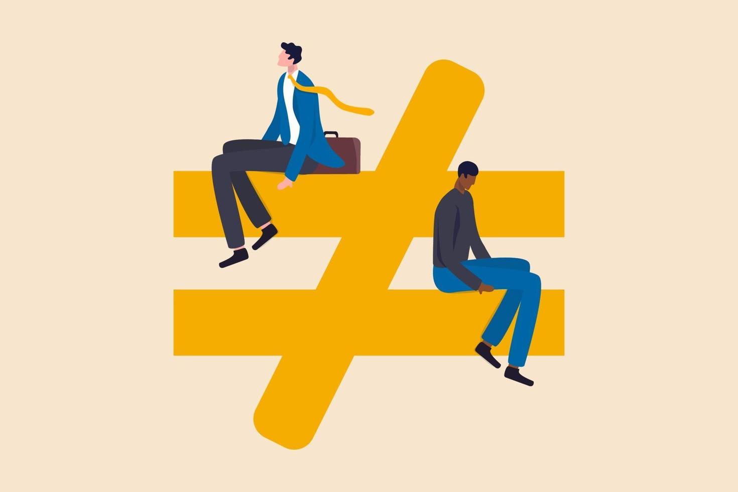 Human inequality and injustice, discrimination and racism as global social issue concept, upper class business man sitting on top of injustice, unfairness symbol with person of color at the bottom. vector