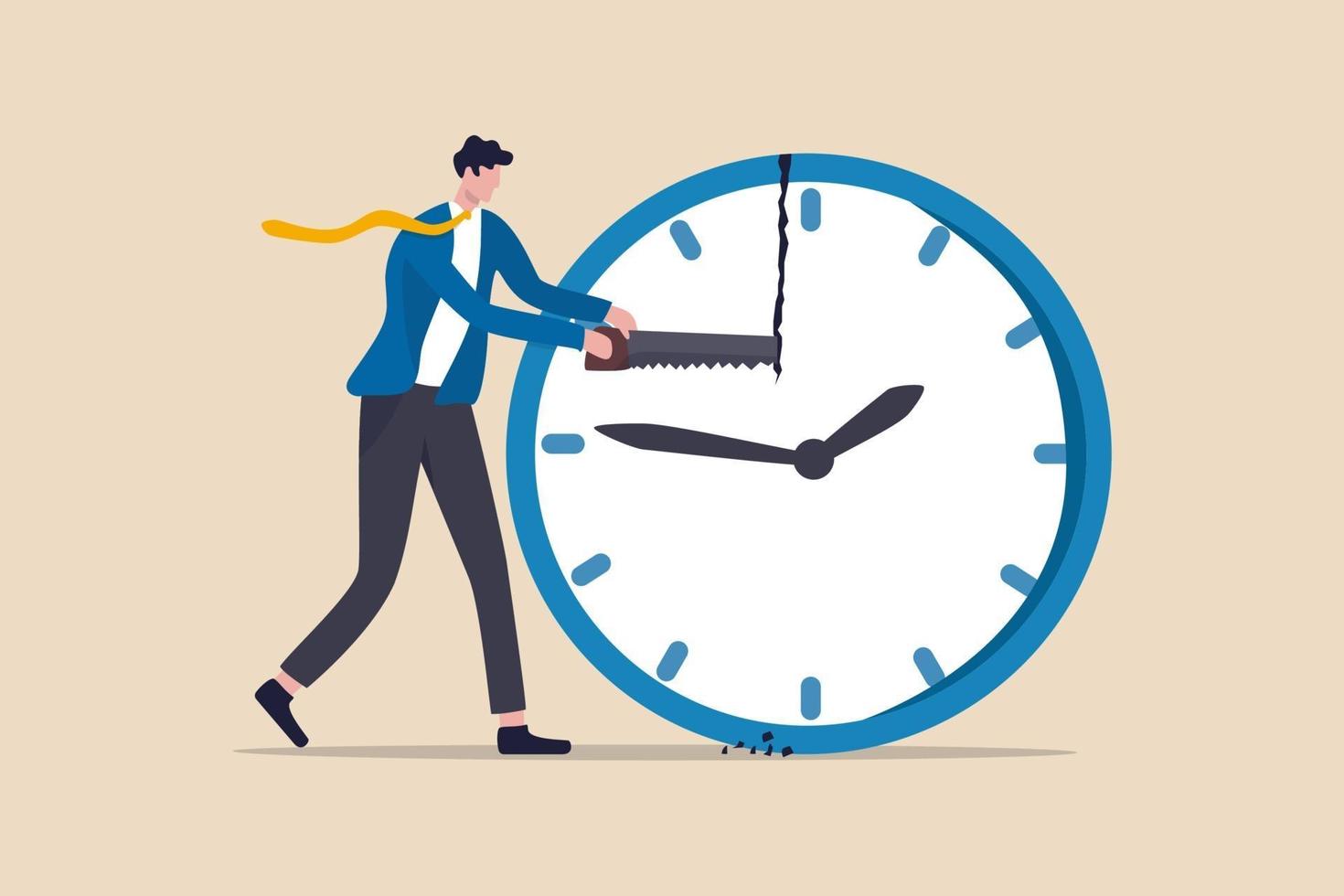 Time management, balance timeline for work and personal life or project management concept, businessman manager or office worker using saw to break the clock to manage time for projects deadline. vector