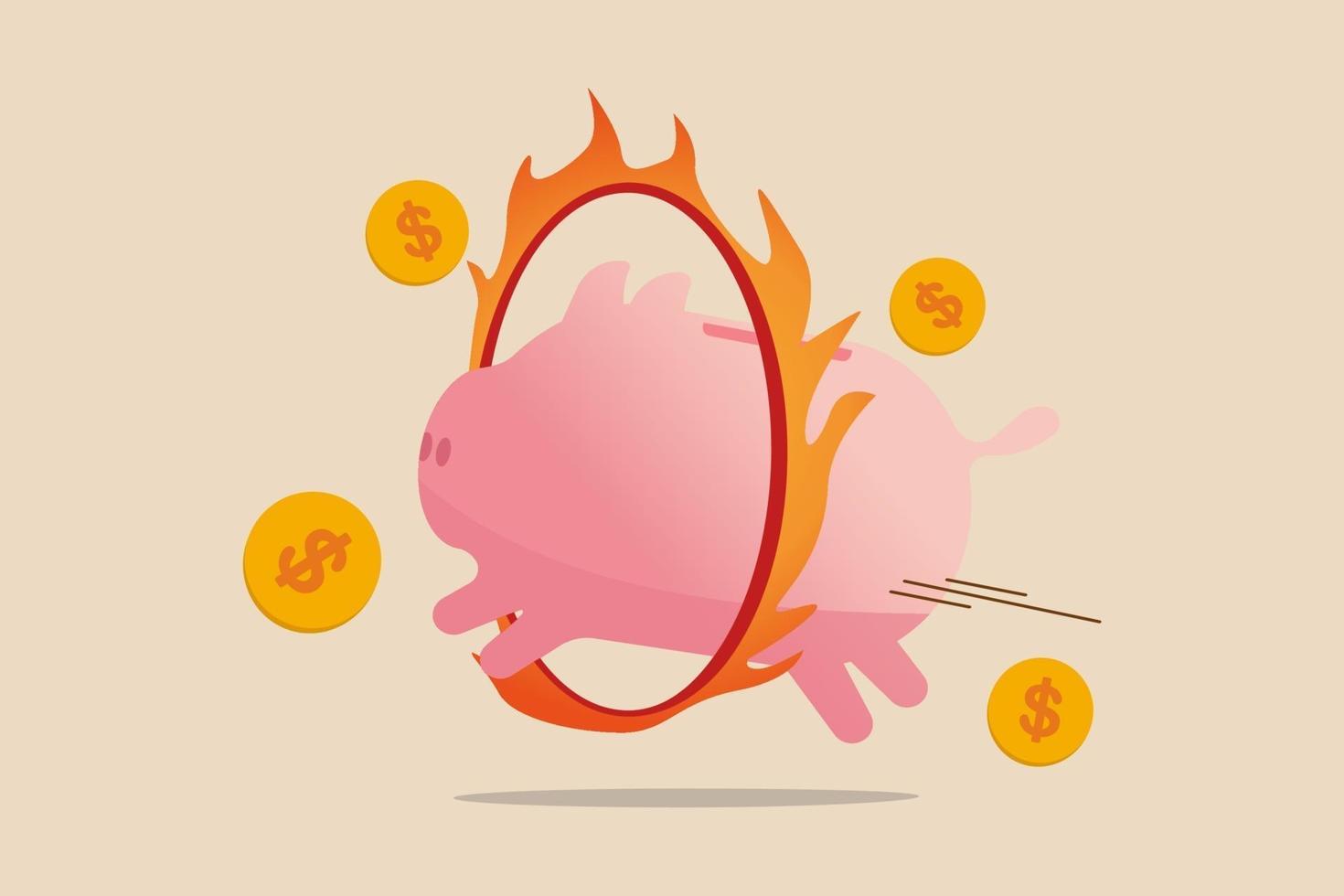 Financial risk, investment volatility or savings for wealthy retirement concept, bravely pink piggy bank jump through danger ring of fire metaphor of survive in financial crisis or economic recession. vector