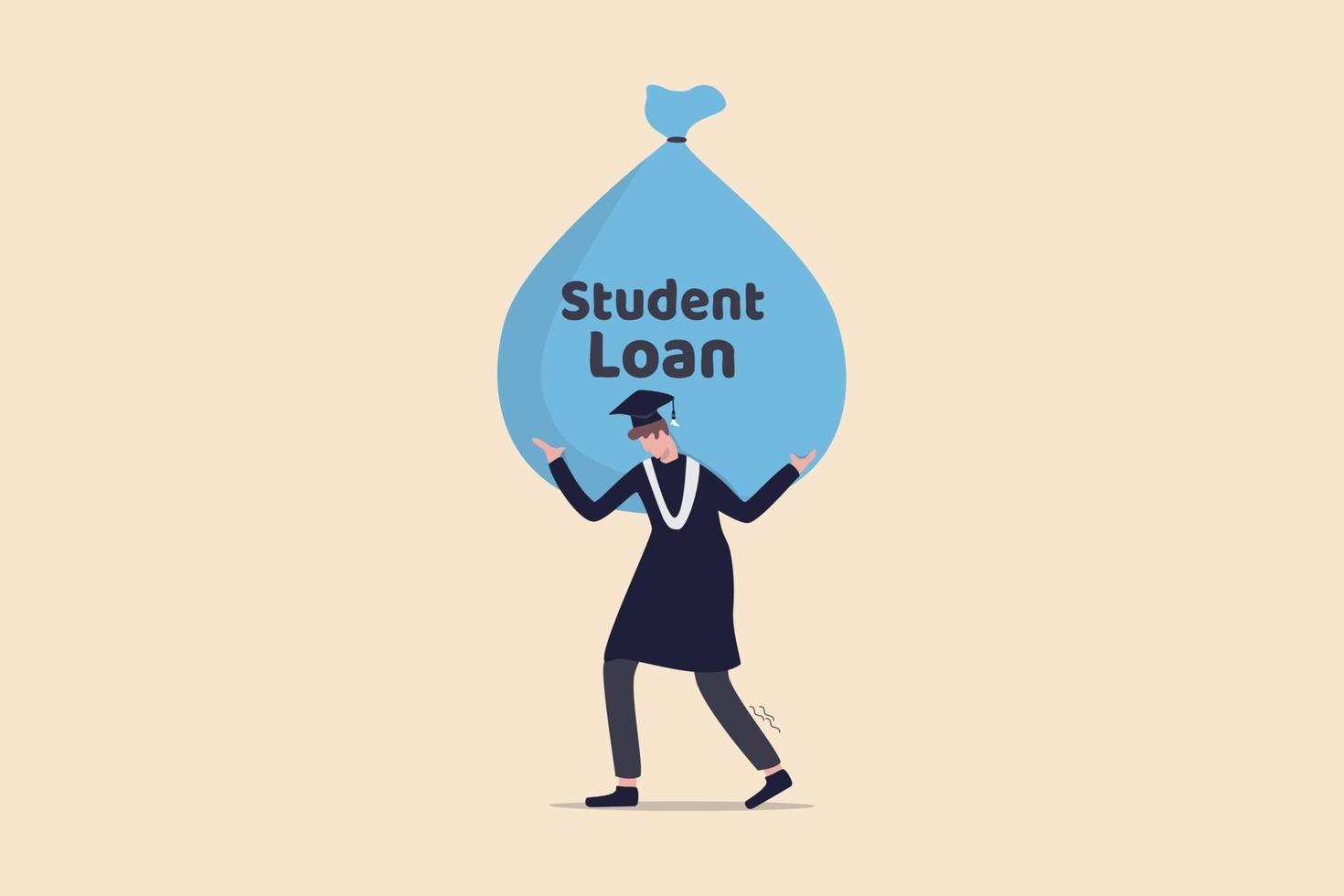 Student loan, saving for school, university or college study cost concept, graduated student wearing graduation ceremony suit holding heavy expensive student loan money bag. vector