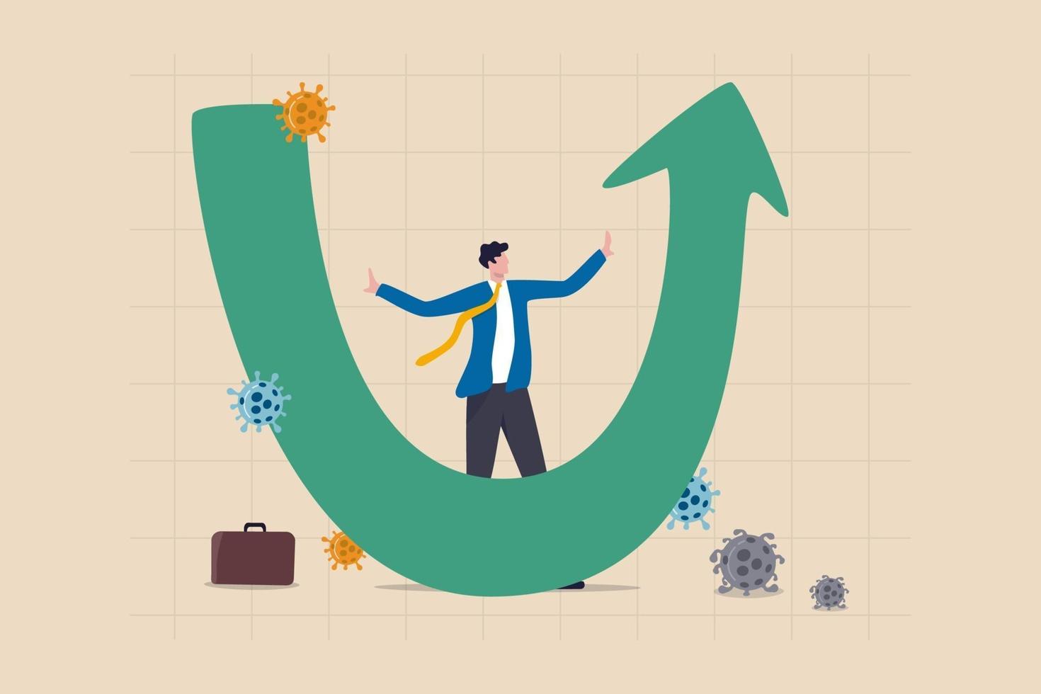 U shape economic recovery after Coronavirus COVID-19 crash concept, businessman professional analyse world economic, business will recover and restore in U shape graph and chart with virus pathogen vector