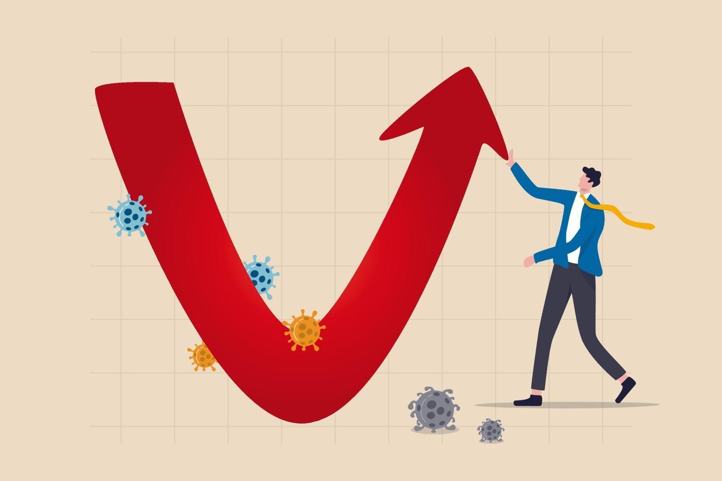 Economic V shape recovery after Coronavirus COVID-19 crash concept, businessman professional analyse world economic, business will recover and restore with v shape graph and chart with virus pathogen vector