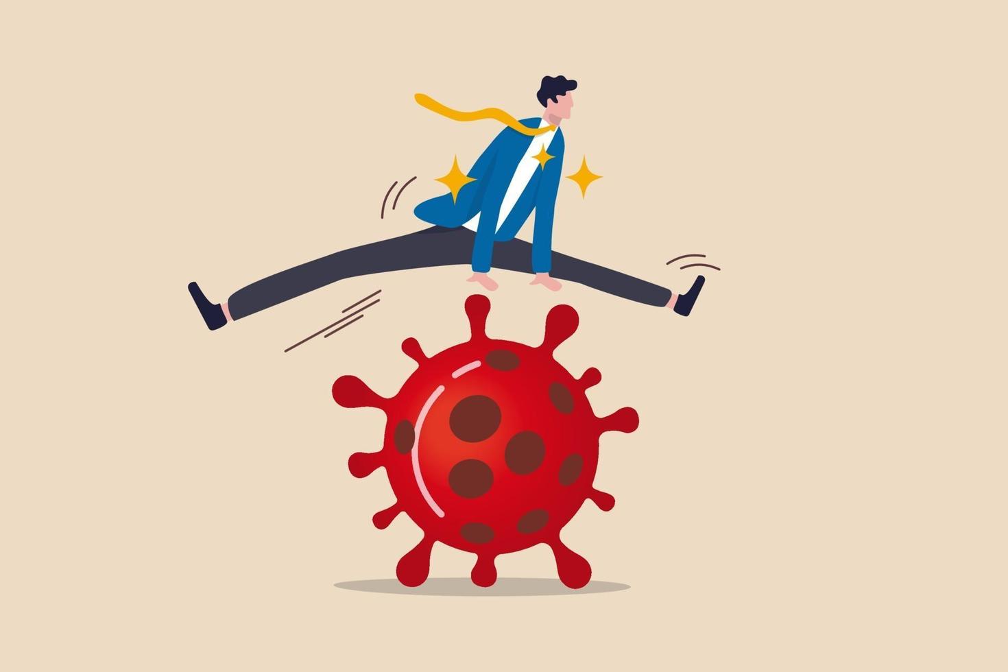 Business to jump over pass financial problem, survive and win in Coronavirus outbreak COVID-19 economic crisis concept, confidence businessman leader easily jump over COVID-19 Coronavirus pathogen. vector