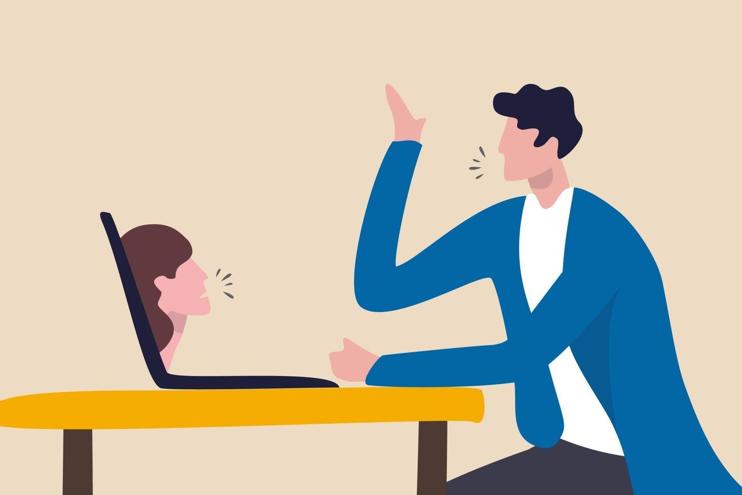 Video conference meeting with team in social distancing Coronavirus COVID-19 pandemic surreal concept, office guy working at home conference meeting with teammate girl come off computer laptop display vector