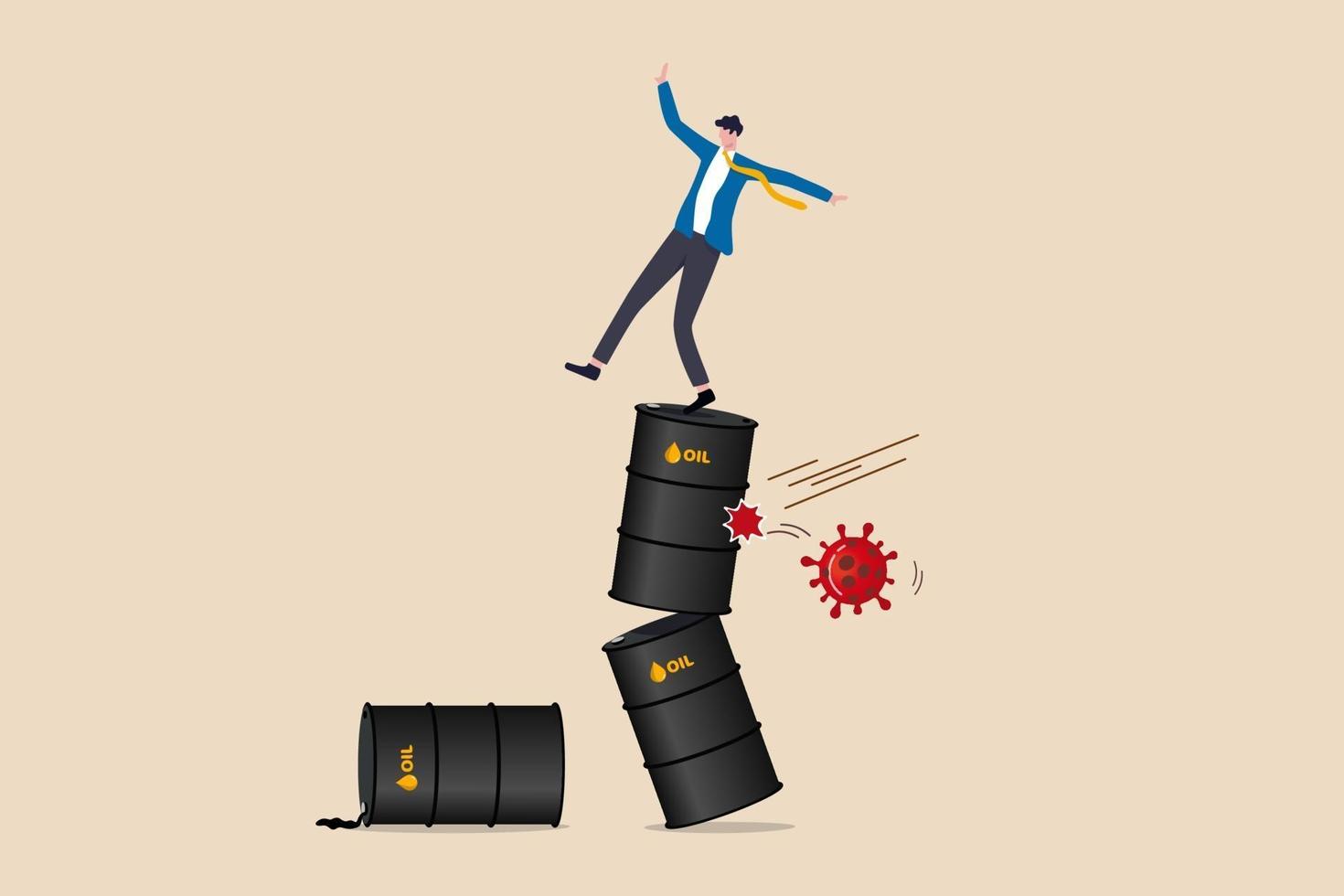 Oil and energy price crash from Coronavirus COVID-19 pandemic crisis concept, uncertainty unstable businessman falling down and trying to stand on stack of crude oil gallon with virus pathogen impact. vector