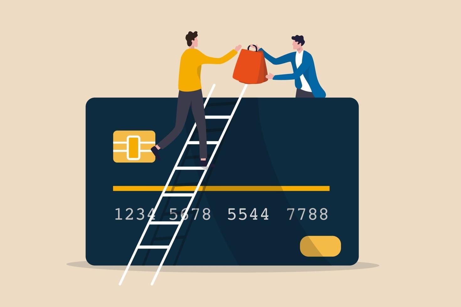 Electronic payment for online shopping, credit or debit card payment order via e-commerce website concept, customer on ladder above credit card get all shopping bags from shop owner, online payment vector
