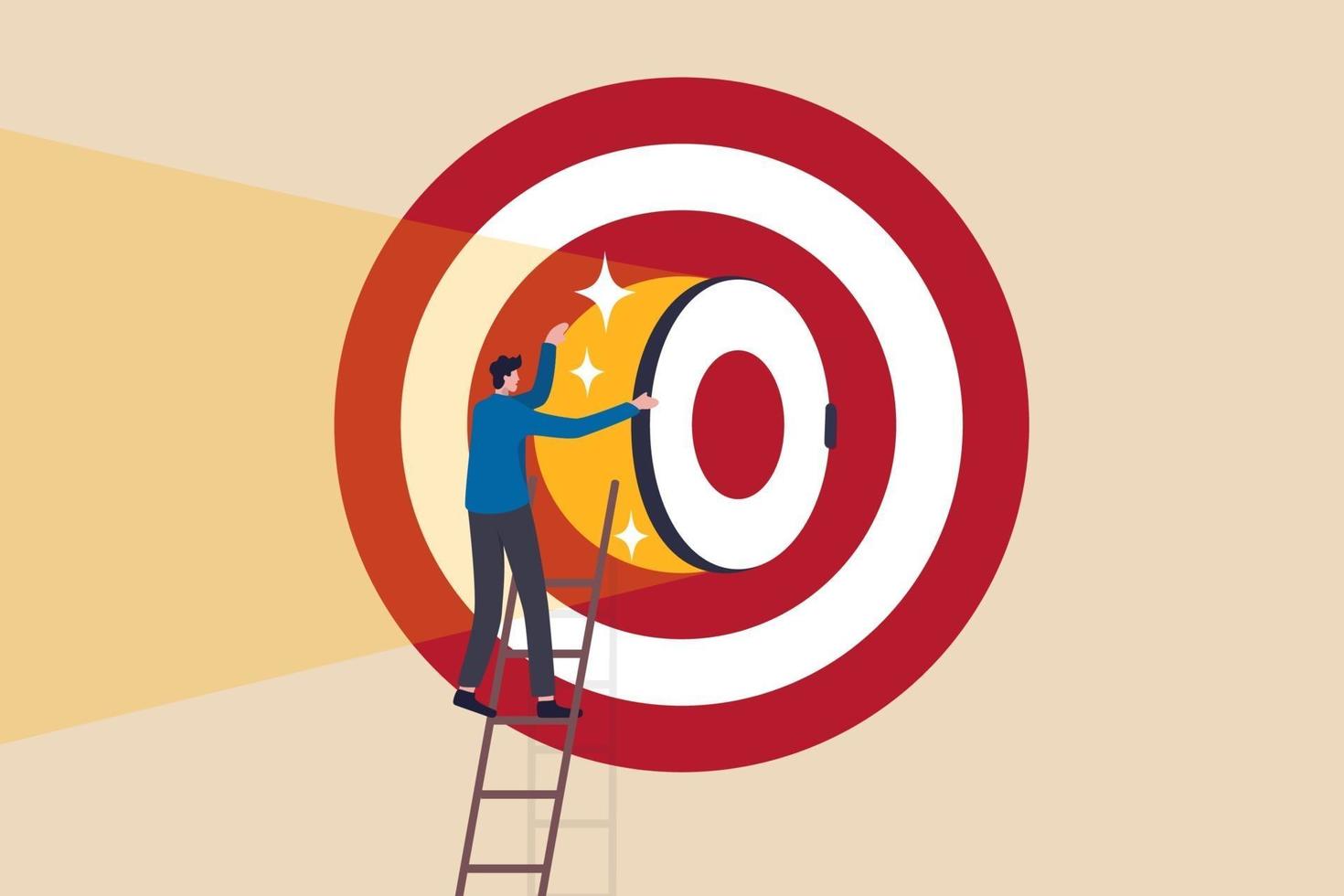 Secret to be success, business strategy to reach target or goal, objective or career challenge concept, businessman climbing up ladder to big dartboard or archery target and opening bullseye door. vector