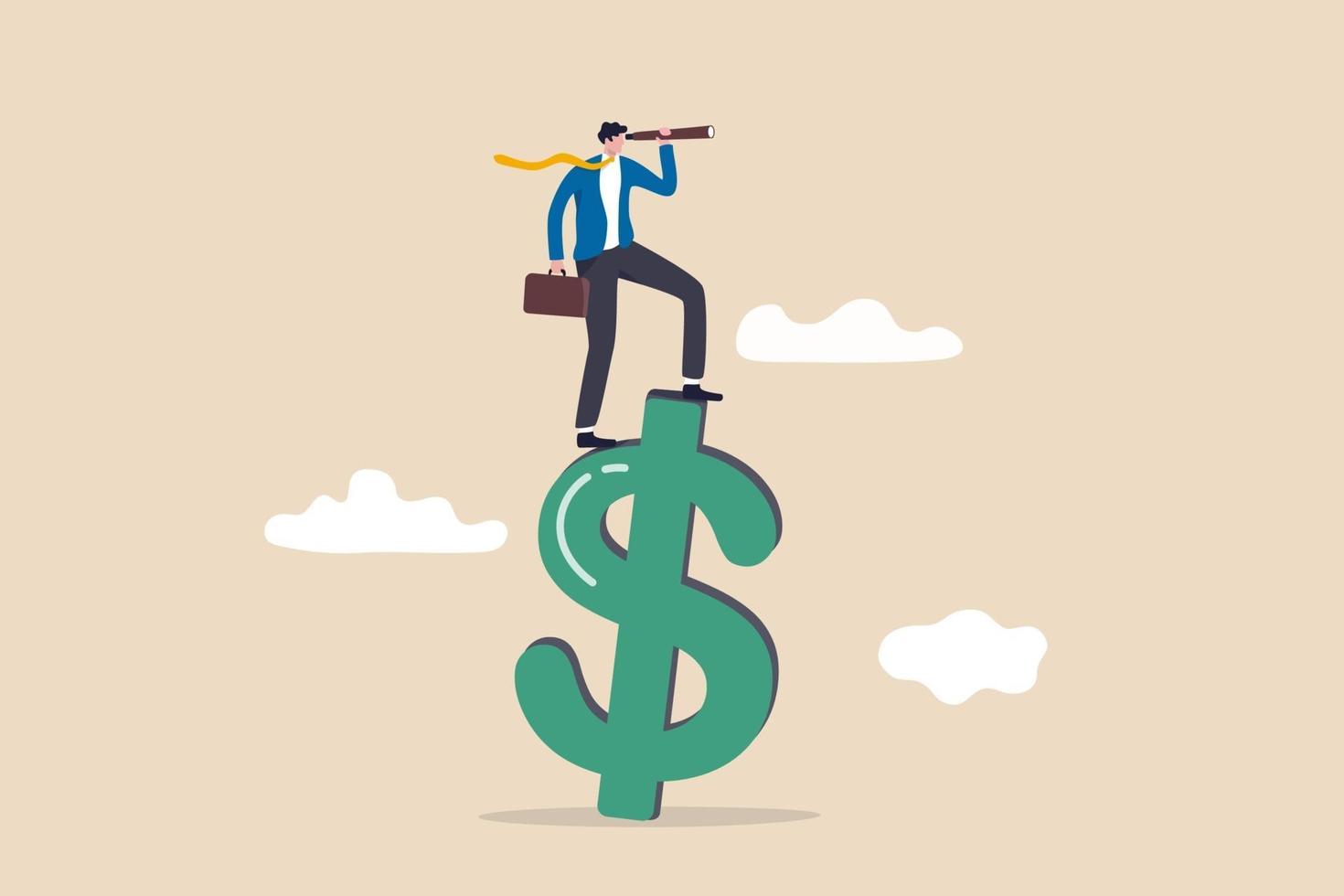 Vision for global financial or economy, business opportunity or investment forecast concept, smart confident businessman standing on US dollar money sign using telescope to see future prediction. vector